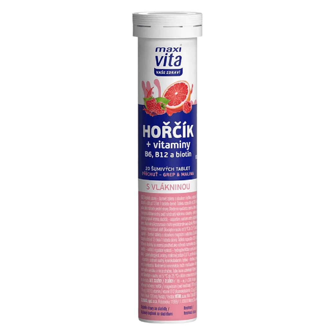 Maxi Vita Hořčík+B6+B12+Biotin grep+malina Tablety šumivé 80g