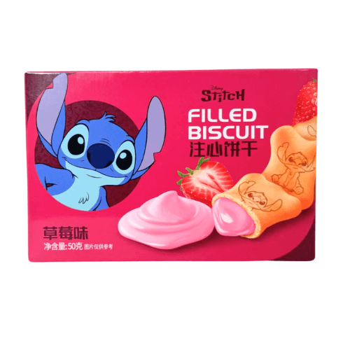  Binqi Disney Strawberry Filled Biscuit Stitch 50g – Křupavé sušenky s jahodovou náplní a motivem Stitch