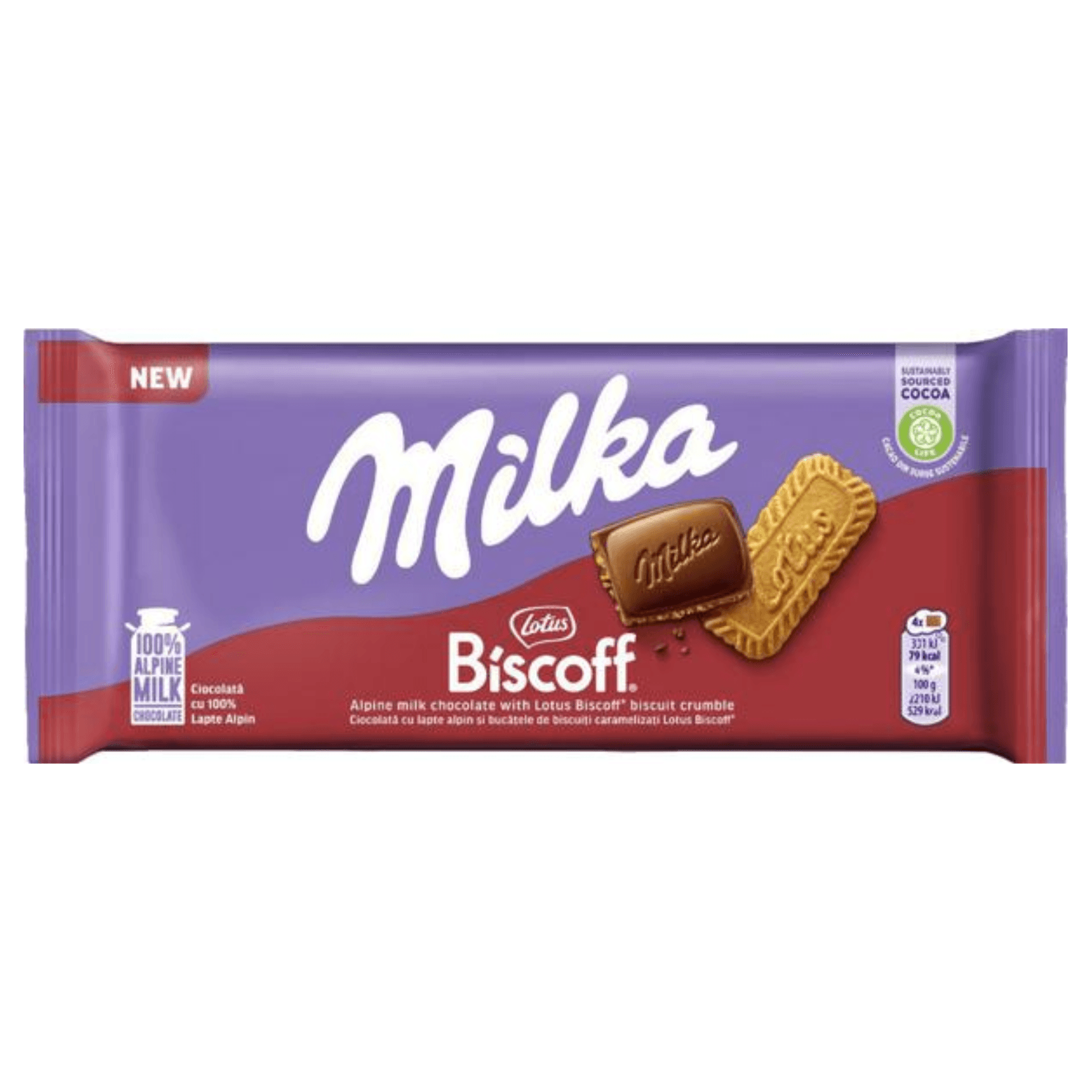 Milka mléčná čokoláda z alpského mléka s kousky sušenek Lotus Biscoff 90g