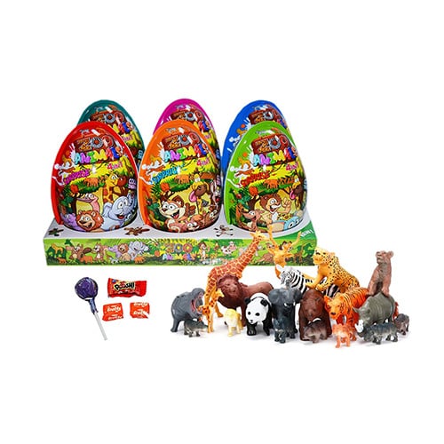 XXXL Zoo Animals Plastic Eggs 20g × 6 – Vajíčka s cukrovinkou a hračkou zvířátka