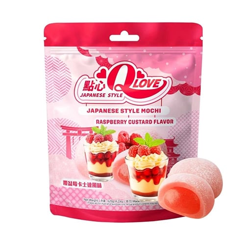 QLove Raspberry Custard Traditional Mochi Standing Pouch 120g