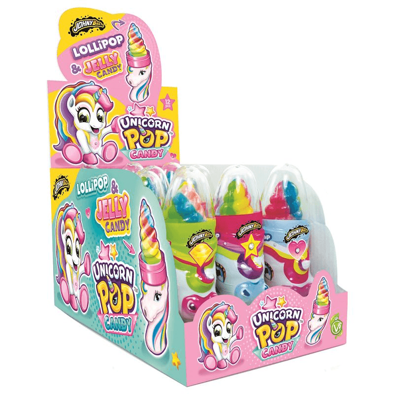 JB Unicorn Pop Display 50g × 12 – Lízátko nebo sladkost s jednorožcem v dárkovém balení