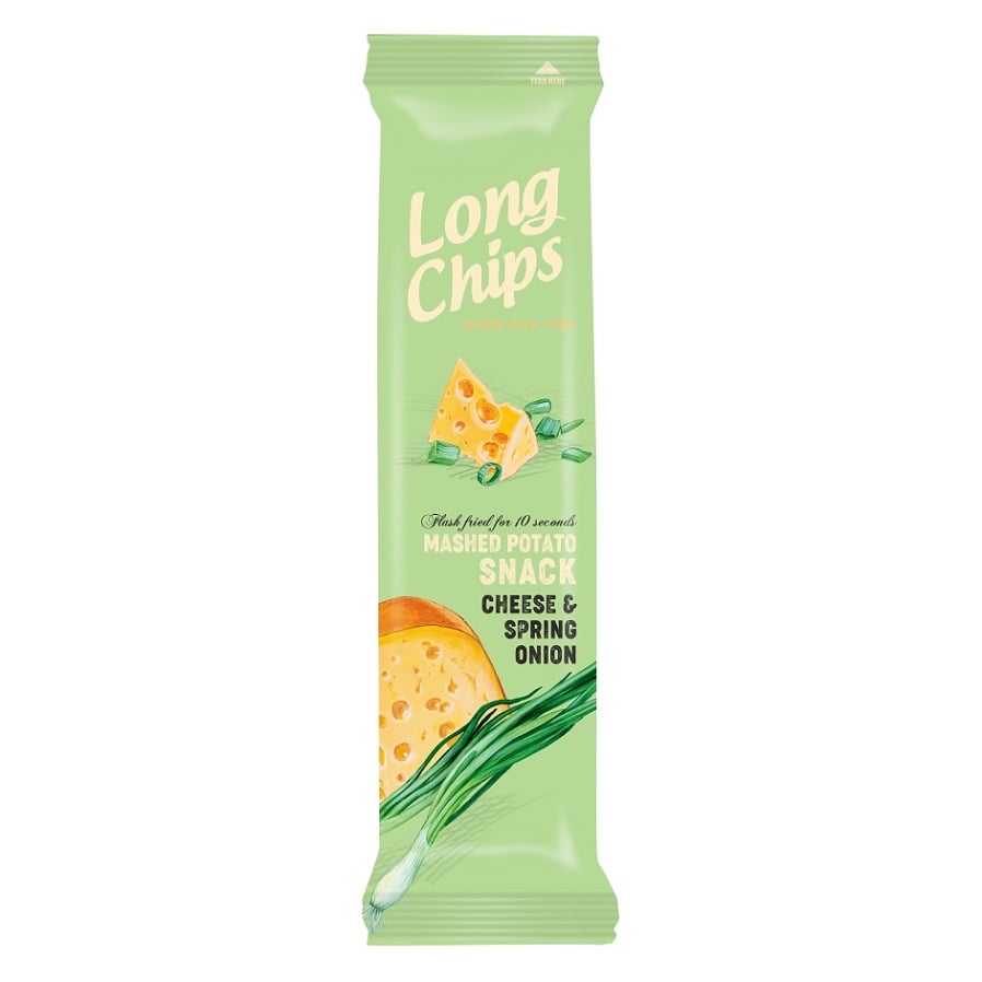 🧀 Long Chips Sýr a jarní cibulka 75g × 20 ks – Extra dlouhé bramborové chipsy s lahodnou sýrovou a cibulovou příchutí