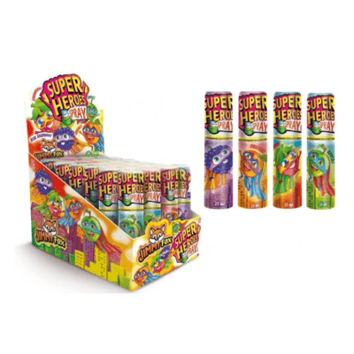 Jimmy Fox Heroes Spray 25ml × 24 – Ovocný cukrový sprej se superhrdinským motivem