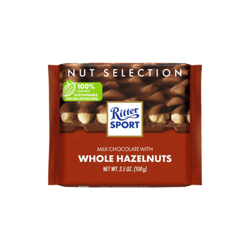 Ritter Sport Mléčná čokoláda s celými lískovými ořechy 100g – Klasika s křupavou chutí