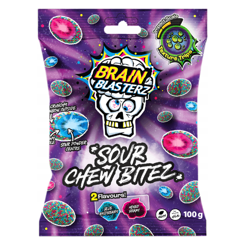 BRAIN BLASTERZ SOUR CHEW BITEZ KYSELÉ GELOVÉ KOUSKY V DUHOVÉM POSYPU 100 G