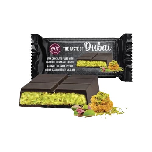 Elit Dubai Dark Chocolate 90g – Prémiová tmavá čokoláda s pistáciovým krémem a kadayifem