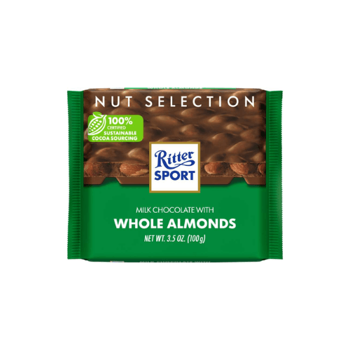🟩 Ritter Sport Mléčná čokoláda s celými mandlemi 100 g – Bohatá chuť a křupavé mandle v každém čtverečku